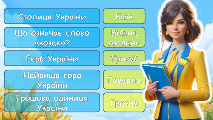 Столиця України. Київ. Що означає слово «козак»?Вільна людина. Герб України. Тризуб. Найвища гора України. Говерла. Грошова одиниця України. Гривня