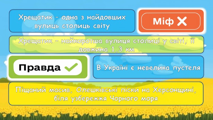 Хрещатик – одна з найдовших вулиць столиць світу. Хрещатик – найкоротша вулиця столиці у світі, її довжина 1,3 км. В Україні є невелика пустеля. Піщаний масив, Олешківські піски на Херсонщині, біля узбережжя Чорного моря