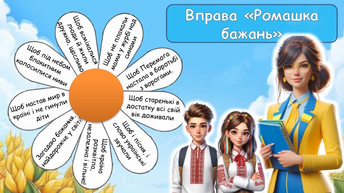 Вправа «Ромашка бажань»Загадаю бажання, найдорожче у світі!Щоб настав мир в країні і не гинули діти. Щоб під небом блакитним колосилися ниви. Щоб всміхалися люди й жили дружно, щасливо. Щоб не плакали мами у журбі над синами. Щоб Перемога настала в боротьбі з ворогами. Щоб старенькі в достатку всі свій вік доживали. Щоб і пісня, і слово українські звучали. Щоб країна розквітла, незалежна і вільна!