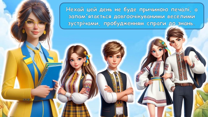 Нехай цей день не буде причиною печалі, а запам'ятається довгоочікуваними веселими зустрічами, пробудженням спраги до знань.