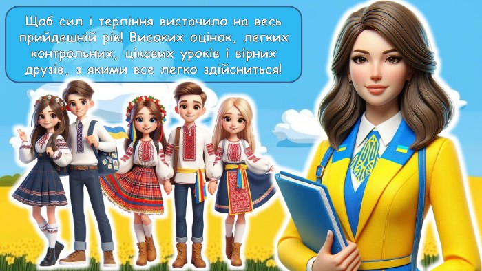 Щоб сил і терпіння вистачило на весь прийдешній рік! Високих оцінок, легких контрольних, цікавих уроків і вірних друзів, з якими все легко здійсниться!