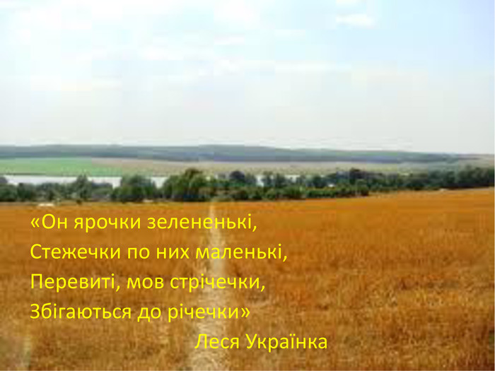 «Он ярочки зелененькі,Стежечки по них маленькі,Перевиті, мов стрічечки,Збігаються до річечки» Леся Українка