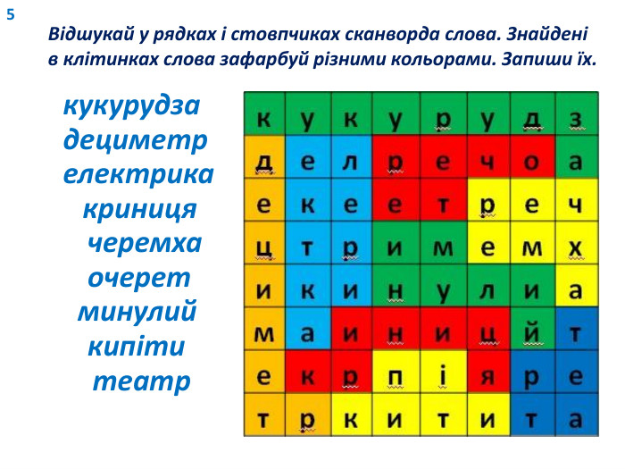 кукурудзделречоаекеетречцтримемхикинулиамаиницйтекрпіяретркитита5 Відшукай у рядках і стовпчиках сканворда слова. Знайдені в клітинках слова зафарбуй різними кольорами. Запиши їх.кукурудзадециметрелектрикакриницячеремхаочеретминулийкипітитеатр