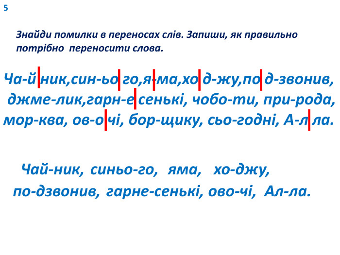 5 Знайди помилки в переносах слів. Запиши, як правильно потрібно переносити слова. Ча-й ник,син-ьо го,я-ма,хо д-жу,по д-звонив, джме-лик,гарн-е сенькі, чобо-ти, при-рода,мор-ква, ов-о чі, бор-щику, сьо-годні, А-л ла. Чай-ник, синьо-го,яма, хо-джу,по-дзвонив,гарне-сенькі, ово-чі,Ал-ла.