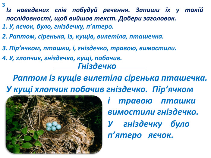 3Із наведених слів побудуй речення. Запиши їх у такій послідовності, щоб вийшов текст. Добери заголовок. 1. У, яєчок, було, гніздечку, п’ятеро.2. Раптом, сіренька, із, кущів, вилетіла, пташечка.3. Пір’ячком, пташки, і, гніздечко, травою, вимостили. 4. У, хлопчик, гніздечко, кущі, побачив. Гніздечко Раптом із кущів вилетіла сіренька пташечка. У кущі хлопчик побачив гніздечко. У гніздечку булоп’ятеро яєчок. Пір’ячком і травою пташки вимостили гніздечко.