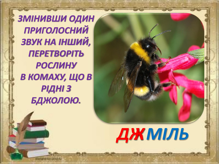 ЗМІНИВШИ ОДИН ПРИГОЛОСНИЙ ЗВУК НА ІНШИЙ, ПЕРЕТВОРІТЬ РОСЛИНУ В КОМАХУ, ЩО В РІДНІ З БДЖОЛОЮ. МІЛЬХДЖ