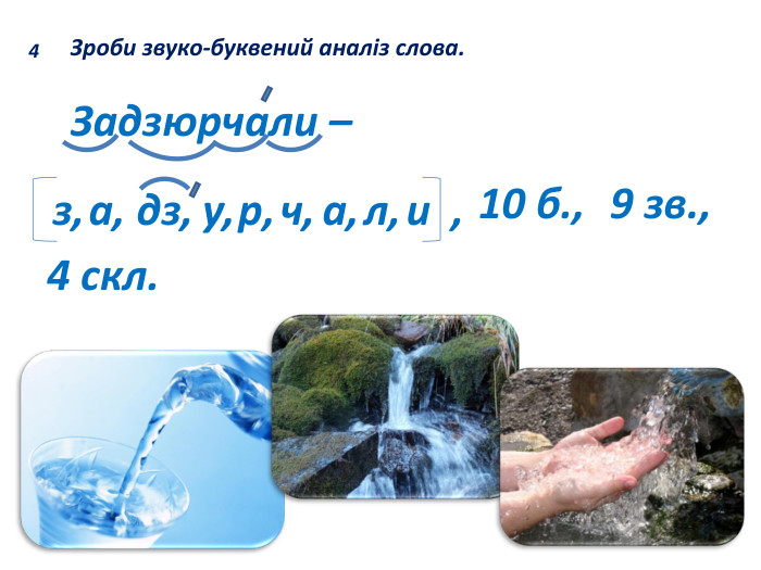 4 Зроби звуко-буквений аналіз слова. Задзюрчали – з,а, дз, у,р,ч,а, л, и ,10 б., 9 зв.,4 скл.