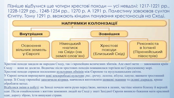Пізніше відбулися ще чотири хрестові походи — усі невдалі: 1217-1221 рр., 1228-1229 рр., 1248-1254 рр., 1270 р. А 1291 р. Палестину завоював султан Єгипту. Тому 1291 р. вважають кінцем панування хрестоносців на Сході. Хрестові походи завдали як народам Сходу, так і європейцям величезних збитків. Але своєї мети — завоювання країн Сходу — вони не досягли. Водночас після хрестових походів пожвавилася торгівля на Середземному морі. Хрестові походи сприяли посиленню культурних обмінів між Європою та мусульманським світом. У Європі почали вирощувати нові землеробські культури: рис, гречку, лимони, яблука, кавуни; вживати тростинний цукор. Зі Сходу європейці запозичили вітряки, навчилися виготовляти шовкові тканини та скляні дзеркала, краще обробляти метал. Відбулися зміни в побуті: на Заході почали мити руки перед їжею, митися в лазнях, частіше міняти білизну й верхній одяг. Після ознайомлення з життям заможних людей на Сході у знаті Західної Європи виникло бажання мати красивий одяг, дорогу зброю, їсти вишукані страви.