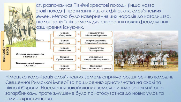 Наприкінці XII ст. розпочалися Північні хрестові походи (інша назва Балтійські хрестові походи) проти язичницьких фінських, слов’янських і балтійських племен. Метою було навернення цих народів до католицтва, завоювання та колонізація їхніх земель для створення нових феодальних держав або розширення існуючих. Німецька колонізація слов’янських земель сприяла розширенню володінь Священної Римської імперії та поширенню християнства на сході та півночі Європи. Населення завойованих земель чинило запеклий опір загарбникам, проте змушене було пристосуватися до нових умов та впливів християнства. 