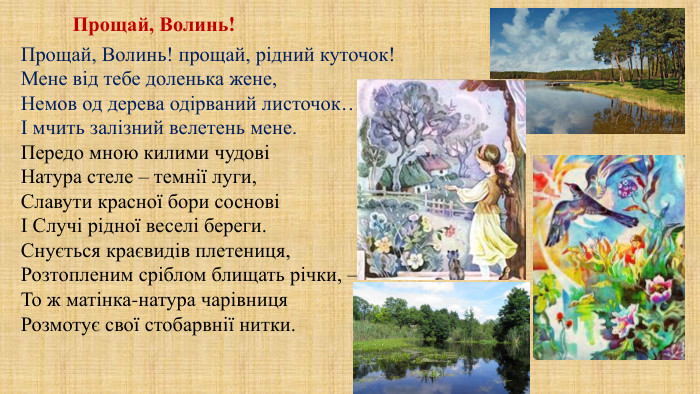 Прощай, Волинь!Прощай, Волинь! прощай, рідний куточок!Мене від тебе доленька жене,Немов од дерева одірваний листочок…І мчить залізний велетень мене. Передо мною килими чудовіНатура стеле – темнії луги,Славути красної бори сосновіІ Случі рідної веселі береги. Снується краєвидів плетениця,Розтопленим сріблом блищать річки, –То ж матінка-натура чарівниця. Розмотує свої стобарвнії нитки.