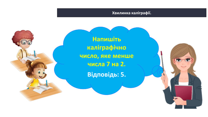 03.02.2025 СьогодніХвилинка каліграфії. Напишіть каліграфічночисло, яке менше числа 7 на 2. Відповідь: 5.