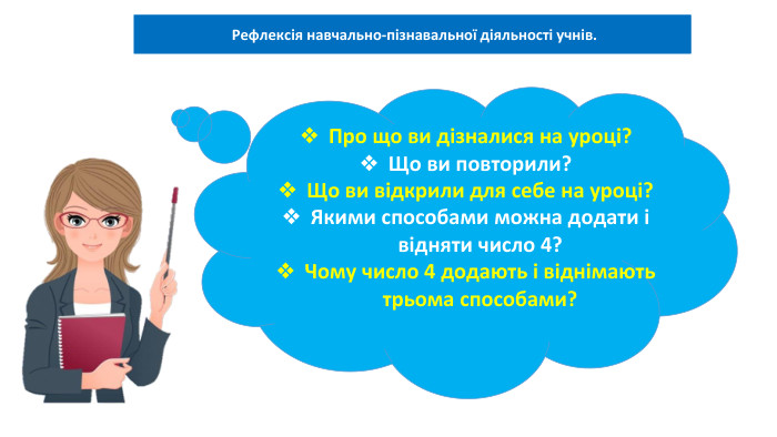 03.02.2025 Сьогодні Рефлексія навчально-пізнавальної діяльності учнів. Про що ви дізналися на уроці? Що ви повторили?Що ви відкрили для себе на уроці?Якими способами можна додати і відняти число 4? Чому число 4 додають і віднімають трьома способами?