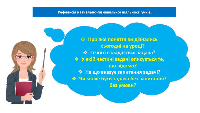 06.02.2025 Сьогодні Рефлексія навчально-пізнавальної діяльності учнів. Про яке поняття ви дізнались сьогодні на уроці? Із чого складається задача? У якій частині задачі описується те, що відомо? На що вказує запитання задачі? Чи може бути задача без запитання? без умови? 