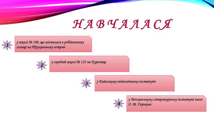 Н А В Ч А Л А С Яу школі № 100, що містилася в робітничому селищі на Трухановому островіу середній школі № 123 на Куренівціу Київському педагогічному інститутіу Московському літературному інституті імені О. М. Горького1234