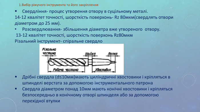 Свердління- процес утворення отвору в суцільному металі. 14-12 квалітет точності, шорсткість поверхонь- Rz 80мкм(свердлять отвори діаметром до 25 мм). Розсвердлювання- збільшення діаметра вже утвореного  отвору.  13-12 квалітет точності, шорсткість поверхонь Rz80мкм Різальний інструмент- спіральне свердло      Дрібні свердла (d≤10мм)мають циліндричні хвостовики і кріпляться в шпинделі верстата за допомогою інструментального патрона Свердла діаметром понад 10мм мають конічні хвостовики і кріпляться безпосередньо в конічному отворі шпинделя або за допомогою перехідної втулки     1.Вибір ріжучого інструмента та його закріплення 