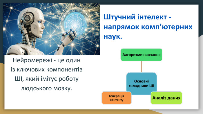 Штучний інтелект - напрямок комп’ютерних наук. Нейромережі - це один із ключових компонентів ШІ, який імітує роботу людського мозку.