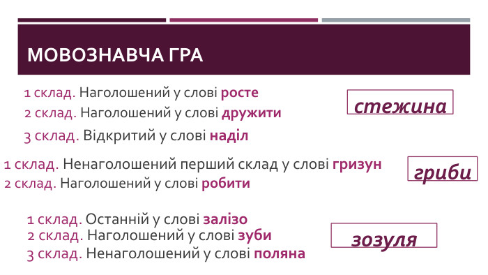 Мовознавча гра1 склад. Наголошений у слові росте2 склад. Наголошений у слові дружити3 склад. Відкритий у слові наділ1 склад. Ненаголошений перший склад у слові гризун2 склад. Наголошений у слові робити1 склад. Останній у слові залізо2 склад. Наголошений у слові зуби3 склад. Ненаголошений у слові полянастежинагрибизозуля