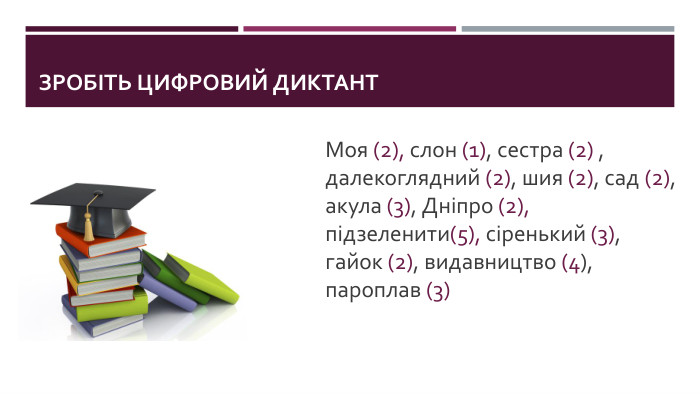 Зробіть цифровий диктант. Моя (2), слон (1), сестра (2) , далекоглядний (2), шия (2), сад (2), акула (3), Дніпро (2), підзеленити(5), сіренький (3), гайок (2), видавництво (4), пароплав (3)