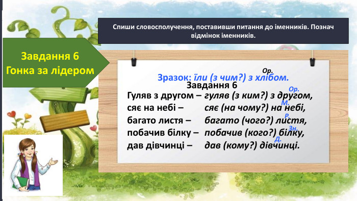 Завдання 6 Гонка за лідером. Спиши словосполучення, поставивши питання до іменників. Познач відмінок іменників. Зразок: їли (з чим?) з хлібом. Ор. Гуляв з другом –сяє на небі –багато листя – побачив білку –дав дівчинці – гуляв (з ким?) з другом,сяє (на чому?) на небі,багато (чого?) листя,побачив (кого?) білку,дав (кому?) дівчинці. Ор. М. Р. Зн. Д. Завдання 6