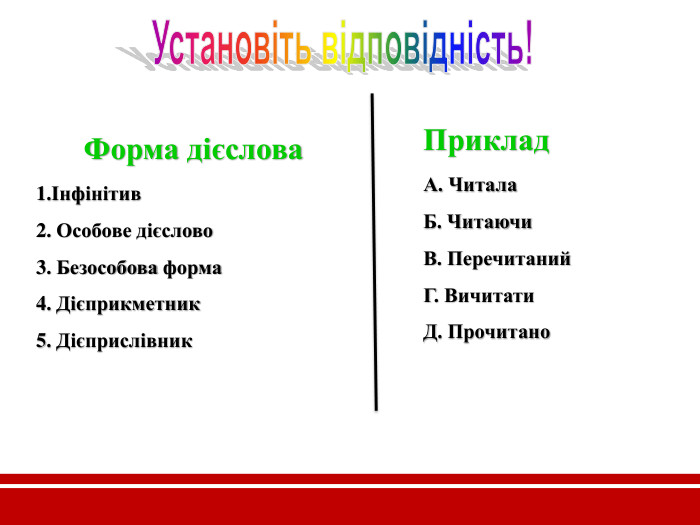         Форма дієслова 1.Інфінітив 2. Особове дієслово 3. Безособова форма 4. Дієприкметник 5. Дієприслівник  Приклад А. Читала Б. Читаючи В. Перечитаний Г. Вичитати Д. Прочитано 