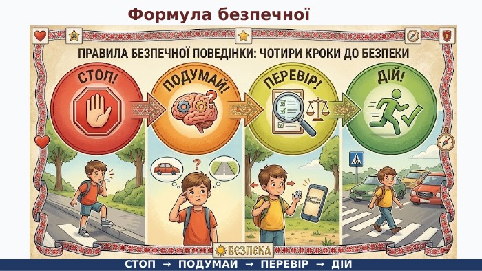 Формула безпечної поведінки. СТОП → ПОДУМАЙ → ПЕРЕВІР → ДІЙ