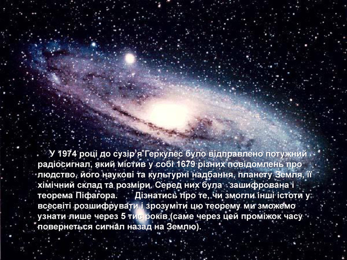      У 1974 році до сузір’я Геркулес було відправлено потужний радіосигнал, який містив у собі 1679 різних повідомлень про людство, його наукові та культурні надбання, планету Земля, її хімічний склад та розміри. Серед них була   зашифрована і теорема Піфагора.       Дізнатись про те, чи змогли інші істоти у всесвіті розшифрувати і зрозуміти цю теорему ми зможемо узнати лише через 5 тис років (саме через цей проміжок часу повернеться сигнал назад на Землю).  