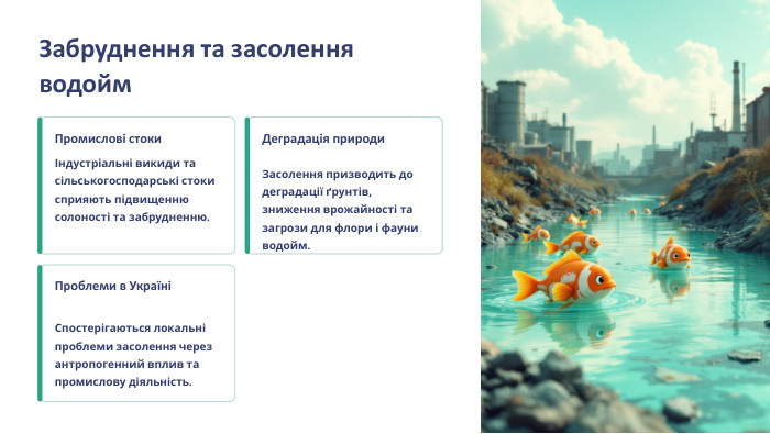  Забруднення та засолення водойм. Промислові стокиІндустріальні викиди та сільськогосподарські стоки сприяють підвищенню солоності та забрудненню. Деградація природи. Засолення призводить до деградації ґрунтів, зниження врожайності та загрози для флори і фауни водойм. Проблеми в УкраїніСпостерігаються локальні проблеми засолення через антропогенний вплив та промислову діяльність.