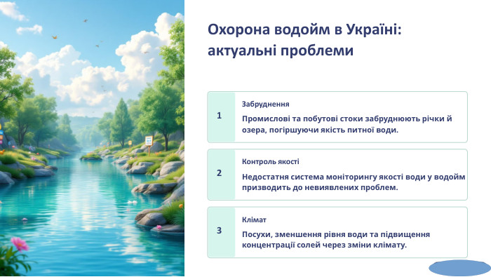  Охорона водойм в Україні: актуальні проблеми1 Забруднення. Промислові та побутові стоки забруднюють річки й озера, погіршуючи якість питної води.2 Контроль якостіНедостатня система моніторингу якості води у водойм призводить до невиявлених проблем.3 Клімат. Посухи, зменшення рівня води та підвищення концентрації солей через зміни клімату.