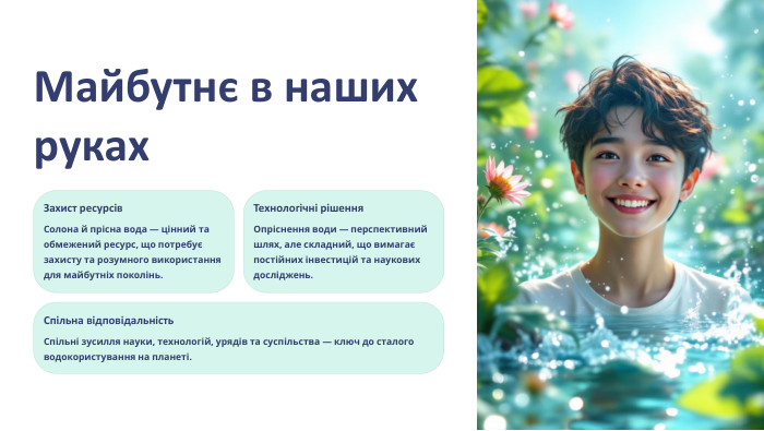  Майбутнє в наших руках. Захист ресурсів. Солона й прісна вода — цінний та обмежений ресурс, що потребує захисту та розумного використання для майбутніх поколінь. Технологічні рішення. Опріснення води — перспективний шлях, але складний, що вимагає постійних інвестицій та наукових досліджень. Спільна відповідальність. Спільні зусилля науки, технологій, урядів та суспільства — ключ до сталого водокористування на планеті.