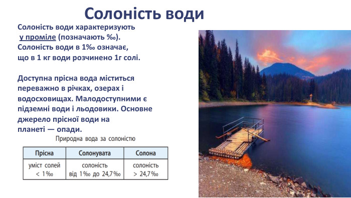  Солоність води. Солоність води характеризують у проміле (позначають ‰). Солоність води в 1‰ означає, що в 1 кг води розчинено 1г солі. Доступна прісна вода міститься переважно в річках, озерах і водосховищах. Малодоступними є підземні води і льодовики. Основне джерело прісної води на планеті — опади. 