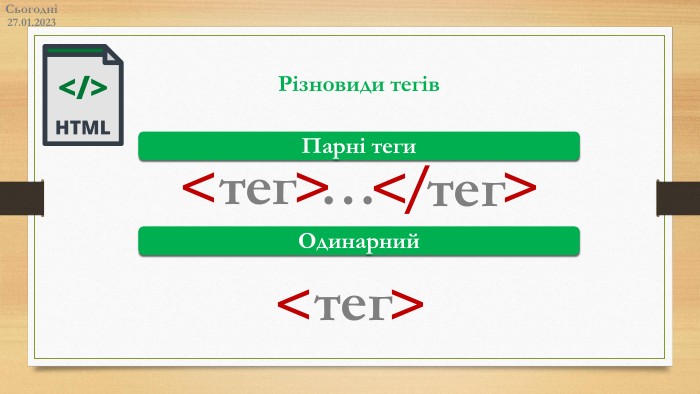 27.01.2023 Сьогодні<тег>…</тег>Парні теги. Одинарний<тег>Різновиди тегів