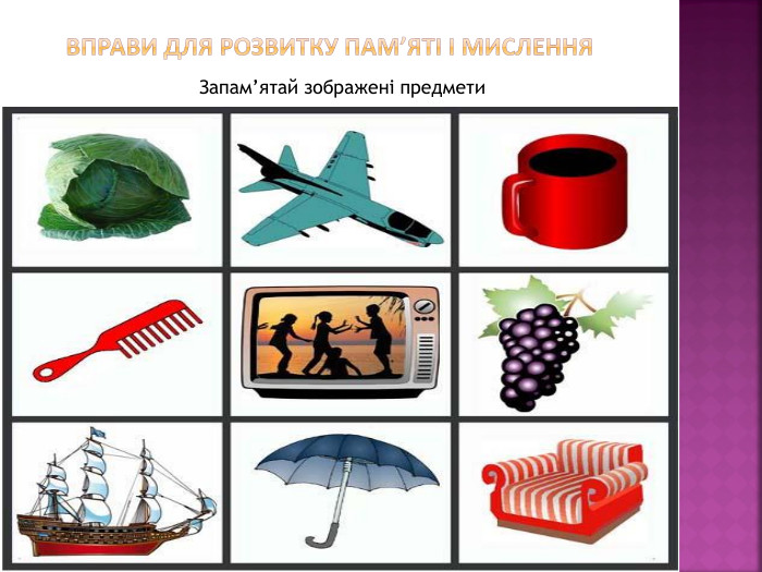  Вправи для розвитку пам’яті і мислення. Запам’ятай зображені предмети