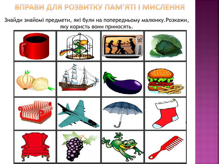 Вправи для розвитку пам’яті і мислення. Знайди знайомі предмети, які були на попередньому малюнку. Розкажи, яку користь вони приносять.