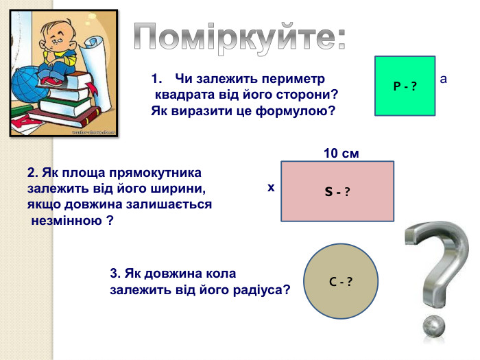 Р - ? S - ? С - ? Чи залежить периметр  квадрата від його сторони?  Як виразити це формулою?    10 см х 2. Як площа прямокутника  залежить від його ширини,  якщо довжина залишається  незмінною ? 3. Як довжина кола залежить від його радіуса? а 