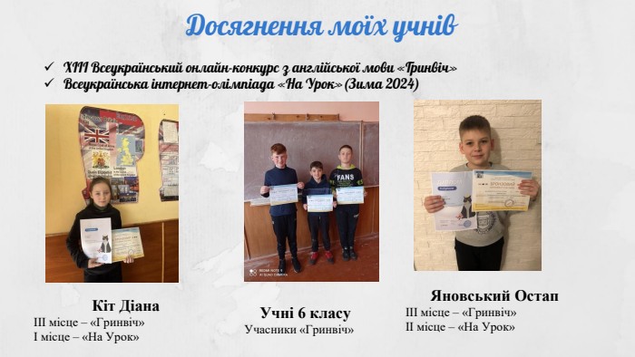 Досягнення моїх учнів. ХІІІ Всеукраїнський онлайн-конкурс з англійської мови «Гринвіч»Всеукраїнська інтернет-олімпіада «На Урок»(Зима 2024)Кіт Діана ІІІ місце – «Гринвіч»І місце – «На Урок»Учні 6 класу Учасники «Гринвіч»Яновський Остап ІІІ місце – «Гринвіч» ІІ місце – «На Урок»