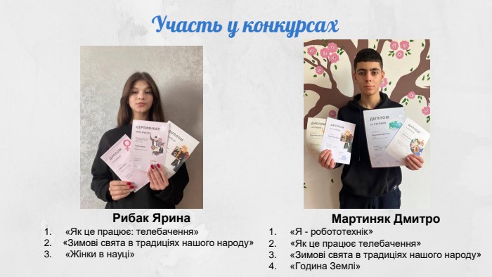 Участь у конкурсах Рибак Ярина «Як це працює: телебачення»«Зимові свята в традиціях нашого народу» «Жінки в науці»Мартиняк Дмитро «Я - робототехнік» «Як це працює телебачення» «Зимові свята в традиціях нашого народу» «Година Землі»