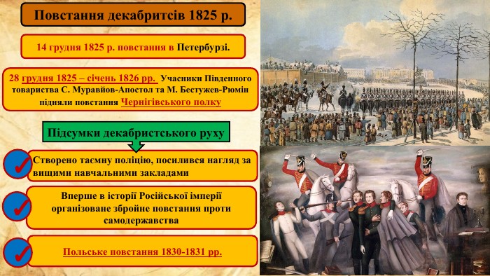 Повстання декабритсів 1825 р. 14 грудня 1825 р. повстання в Петербурзі. 28 грудня 1825 – січень 1826 рр.  Учасники Південного товариства С. Муравйов-Апостол та М. Бестужев-Рюмін підняли повстання Чернігівського полку Створено таємну поліцію, посилився нагляд за вищими навчальними закладами Вперше в історії Російської імперії організоване збройне повстання проти самодержавства Польське повстання 1830-1831 рр. ✓ ✓ ✓ Підсумки декабристського руху 