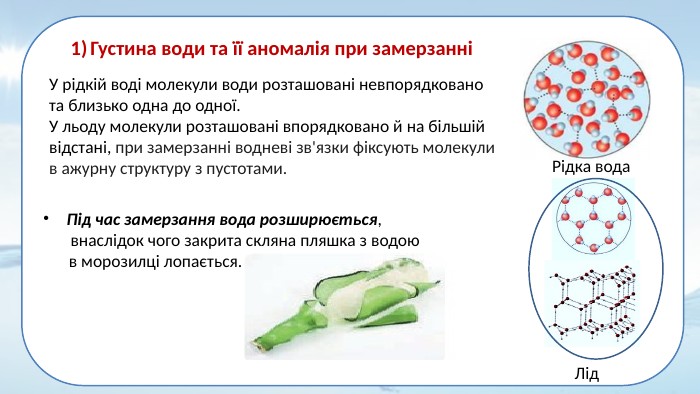 Густина води та її аномалія при замерзанніУ рідкій воді молекули води розташовані невпорядковано та близько одна до одної. У льоду молекули розташовані впорядковано й на більшій відстані, при замерзанні водневі зв'язки фіксують молекули в ажурну структуру з пустотами. Під час замерзання вода розширюється, внаслідок чого закрита скляна пляшка з водою в морозилці лопається. Рідка вода Лід
