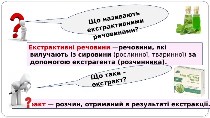 Екстрактивні речовини —речовини, які вилучають із сировини (рослинної, тваринної) за допомогою екстрагента (розчинника). Що називають екстрактивними речовинами? Екстракт — розчин, отриманий в результаті екстракції. Що таке – екстракт?
