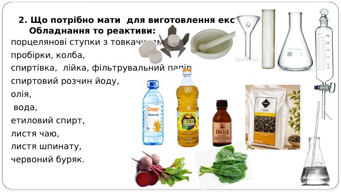 2. Що потрібно мати для виготовлення екстракту: Обладнання то реактиви: порцелянові ступки з товкачиками, пробірки, колба,спиртівка, лійка, фільтрувальний папір,спиртовий розчин йоду, олія, вода, етиловий спирт,листя чаю, листя шпинату, червоний буряк.