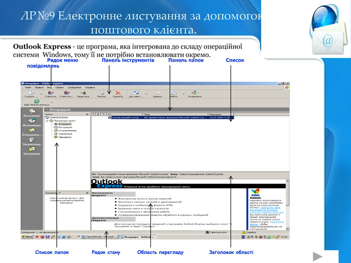 Outlook Express - це програма, яка інтегрована до складу операційної системи  Windows, тому її не потрібно встановлювати окремо.   Рядок меню                 Панель інструментів          Панель папок                Список повідомлень  Список папок           Рядок стану        Область перегляду            Заголовок області              ЛР№9 Електронне листування за допомогою поштового клієнта.  