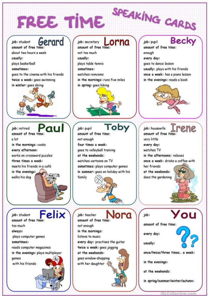 Free Time Speaking Cards - English ESL Worksheets for distance ...