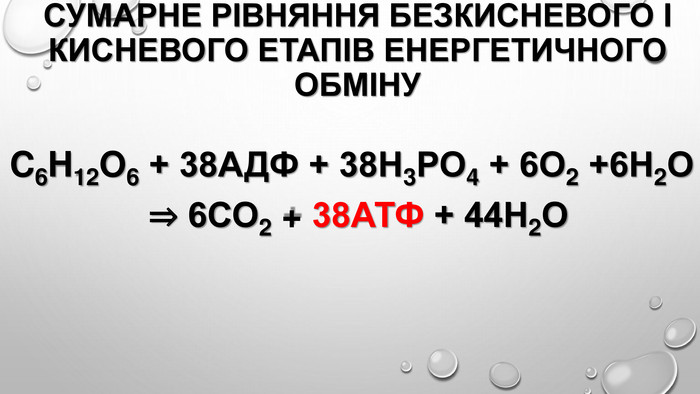 Сумарне рівняння безкисневого і кисневого етапів енергетичного обміну. C6 H12 O6 + 38 АДФ + 38 Н3 РО4 + 6 О2 +6 Н2 О ⇒ 6 СО2 + 38 АТФ + 44 Н2 О 