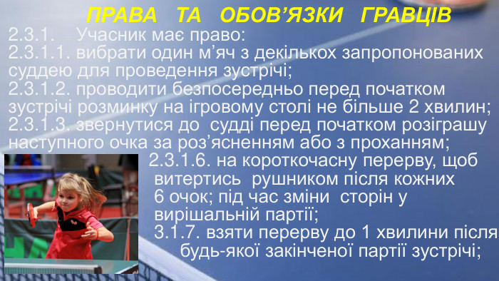  ПРАВА ТА ОБОВ’ЯЗКИ ГРАВЦІВ2.3.1. Учасник має право:2.3.1.1. вибрати один м’яч з декількох запропонованих суддею для проведення зустрічі;2.3.1.2. проводити безпосередньо перед початком зустрічі розминку на ігровому столі не більше 2 хвилин;2.3.1.3. звернутися до судді перед початком розіграшу наступного очка за роз’ясненням або з проханням; 2.3.1.6. на короткочасну перерву, щоб витертись рушником після кожних 6 очок; під час зміни сторін у вирішальній партії; 2. 3.1.7. взяти перерву до 1 хвилини після будь-якої закінченої партії зустрічі;