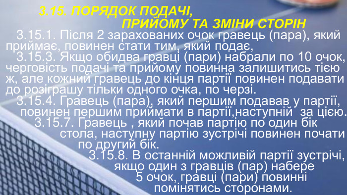  3.15. ПОРЯДОК ПОДАЧІ, ПРИЙОМУ ТА ЗМІНИ СТОРІН 3.15.1. Після 2 зарахованих очок гравець (пара), якийприймає, повинен стати тим, який подає, 3.15.3. Якщо обидва гравці (пари) набрали по 10 очок, черговість подачі та прийому повинна залишитись тією ж, але кожний гравець до кінця партії повинен подавати до розіграшу тільки одного очка, по черзі. 3.15.4. Гравець (пара), який першим подавав у партії, повинен першим приймати в партії,наступній за цією. 3.15.7. Гравець , який почав партію по один бік стола, наступну партію зустрічі повинен почати по другий бік. 3.15.8. В останній можливій партії зустрічі, якщо один з гравців (пар) набере 5 очок, гравці (пари) повинні помінятись сторонами.