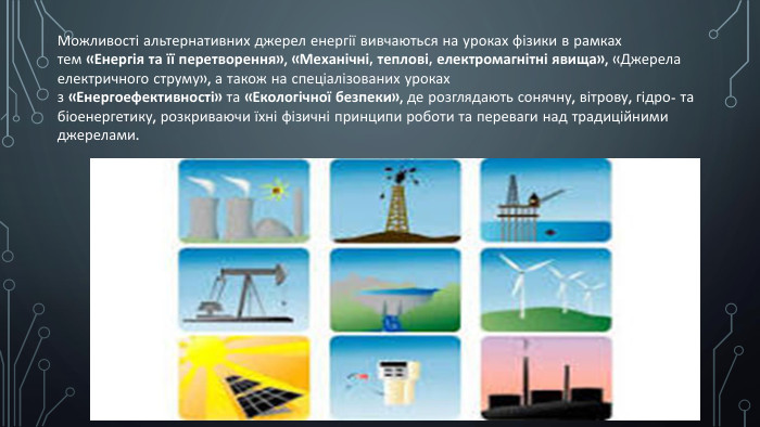 Можливості альтернативних джерел енергії вивчаються на уроках фізики в рамках тем «Енергія та її перетворення», «Механічні, теплові, електромагнітні явища», «Джерела електричного струму», а також на спеціалізованих уроках з «Енергоефективності» та «Екологічної безпеки», де розглядають сонячну, вітрову, гідро- та біоенергетику, розкриваючи їхні фізичні принципи роботи та переваги над традиційними джерелами. 