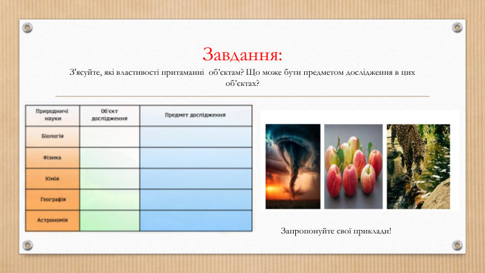Завдання: З'ясуйте, які властивості притаманні об’єктам? Що може бути предметом дослідження в цих об’єктах?Запропонуйте свої приклади!