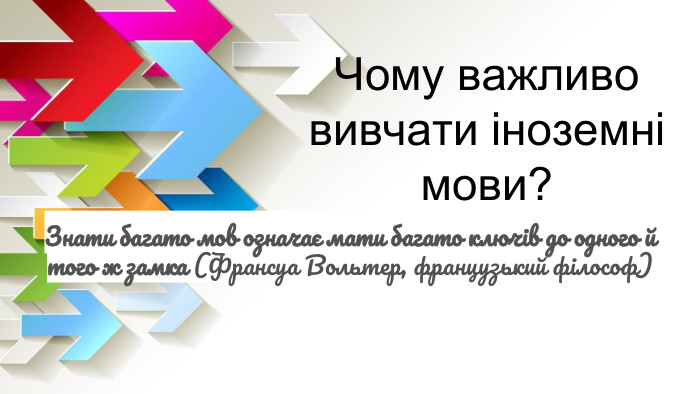 Чому важливо вивчати іноземні мови?Знати багато мов означає мати багато ключів до одного й того ж замка (Франсуа Вольтер, французький філософ)