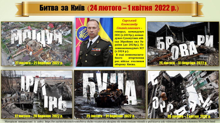 Битва за Київ (24 лютого – 1 квітня 2022 р.)Сирський Олександр Станіславович – генерал, командувач ООС (з 2019р.), коман-дувач Сухопутних вій-ськ Збройних сил Ук-раїни (до 2024р.), Го-ловнокомандувач ЗСУ (з 2024 р.). В ході повномасшта-бного вторгнення рос. військ очолював оборону Києва.27 лютого – 21 березня 2022 р.24 лютого – 31 березня 2022 р.27 лютого – 28 березня 2022 р.25 лютого – 31 березня 2022 р.26 лютого – 1 квітня 2022 р. Матеріали використані із сайту https://nv.ua/ukr/ukraine/events/bitva-shcho-vryatuvala-ukrajinu-rik-tomu-rosiyan-vitisnili-z-pid-kiyeva-yak-vidstoyali-stolicyu-rekonstru-50314634.html