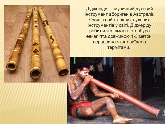 Діджеріду — музичний духовий інструмент аборигенів Австралії. Один з найстаріших духових інструментів у світі. Діджеріду робиться з шматка стовбура евкаліпта довжиною 1-3 метри, серцевина якого виїдена термітами.  